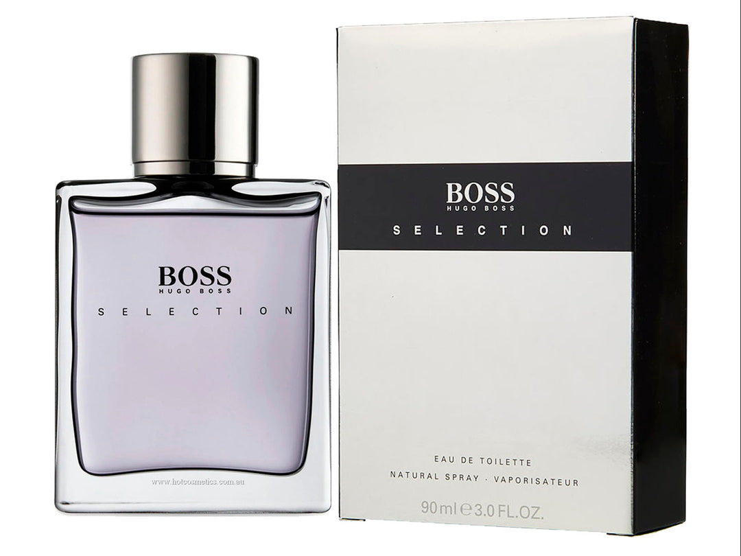 Frasco y caja de perfume Hugo Boss Selection Eau de Toilette en colores blanco, negro y plateado.