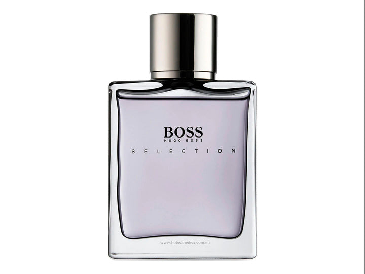 Frasco y caja de perfume Hugo Boss Selection Eau de Toilette en colores blanco, negro y plateado.