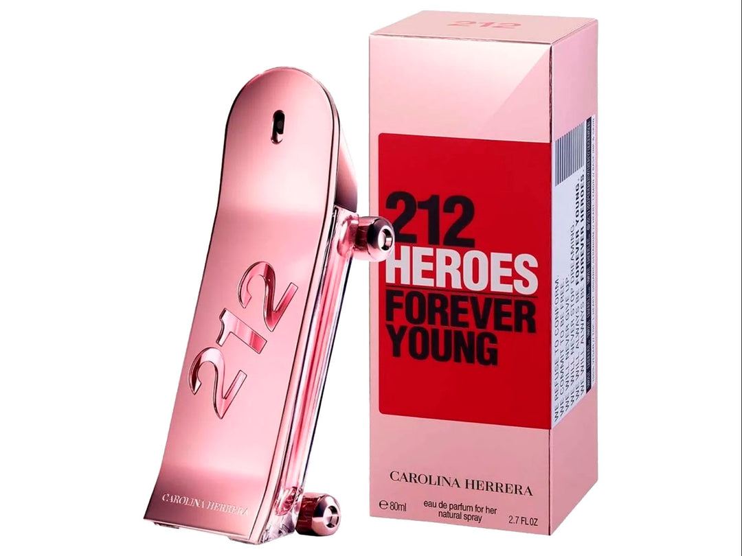 Perfume Carolina Herrera 212 Heroes Woman en color rosa brillante con su caja roja y rosa.