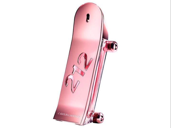 Perfume Carolina Herrera 212 Heroes Woman en color rosa brillante con su caja roja y rosa.