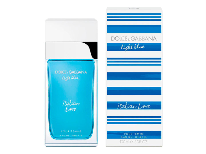Perfume Dolce &amp; Gabbana Light Blue Italian Love para mujer, incluye frasco azul y caja con rayas azules y blancas.