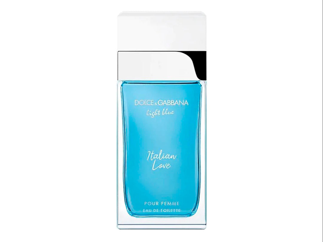 Perfume Dolce &amp; Gabbana Light Blue Italian Love para mujer, incluye frasco azul y caja con rayas azules y blancas.