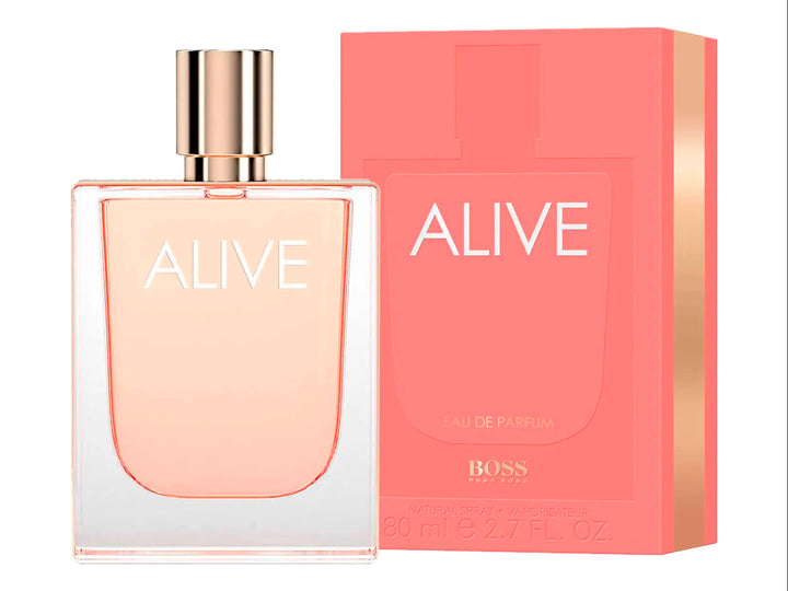 Frasco de perfume Hugo Boss Alive y su caja en color rosa con detalles dorados.