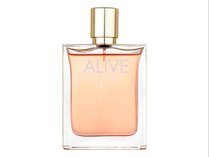 Frasco de perfume Hugo Boss Alive y su caja en color rosa con detalles dorados.