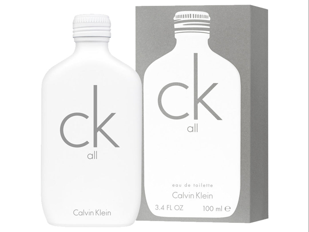 Botella de perfume Calvin Klein CK All de 100 ml en color blanco mate junto a su caja gris.