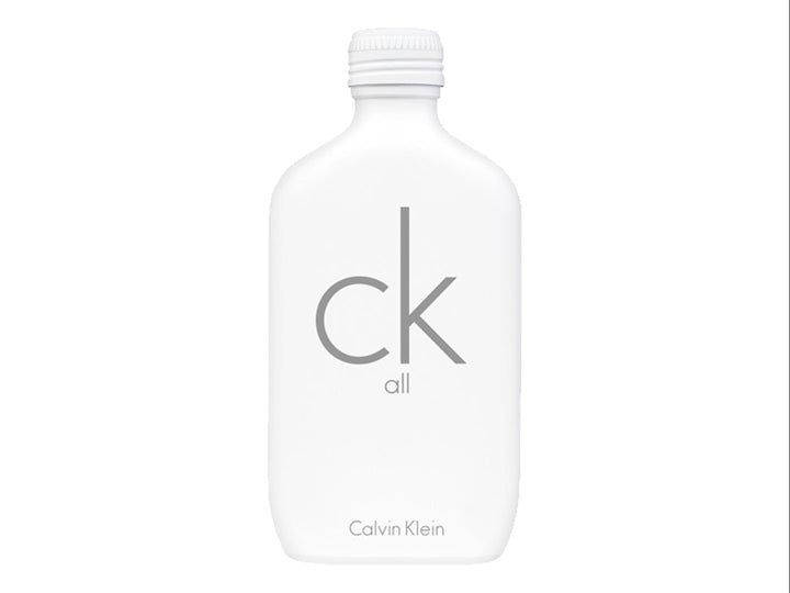 Botella de perfume Calvin Klein CK All de 100 ml en color blanco mate junto a su caja gris.