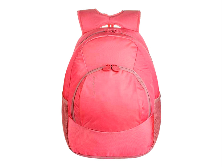 Mochila Samsonite color rosa coral con diseño ovalado y bolsillos laterales de malla.
