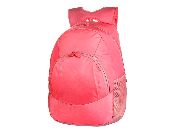 Mochila Samsonite color rosa coral con diseño ovalado y bolsillos laterales de malla.