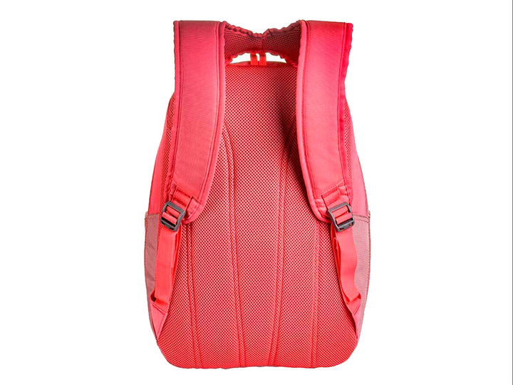 Mochila Samsonite color rosa coral con diseño ovalado y bolsillos laterales de malla.