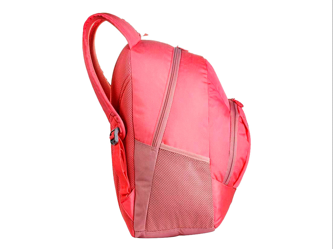 Mochila Samsonite color rosa coral con diseño ovalado y bolsillos laterales de malla.