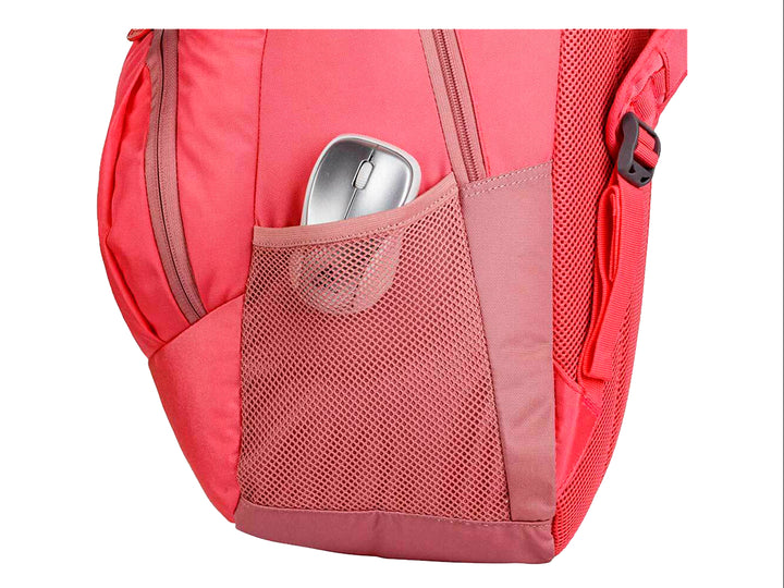 Mochila Samsonite color rosa coral con diseño ovalado y bolsillos laterales de malla.