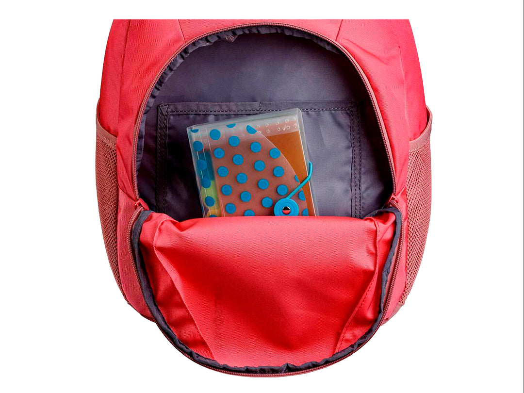 Mochila Samsonite color rosa coral con diseño ovalado y bolsillos laterales de malla.