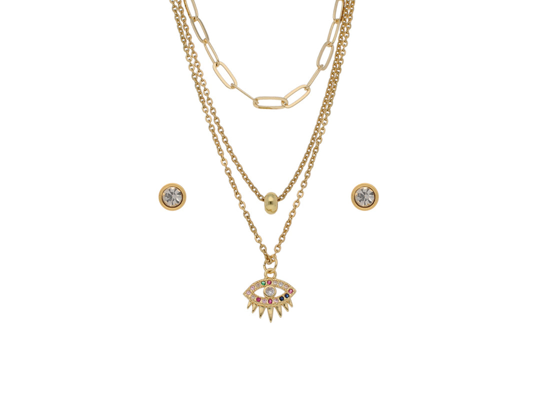 Set de joyería dorado compuesto por collar de tres niveles con dije de ojo multicolor y aretes a juego.
