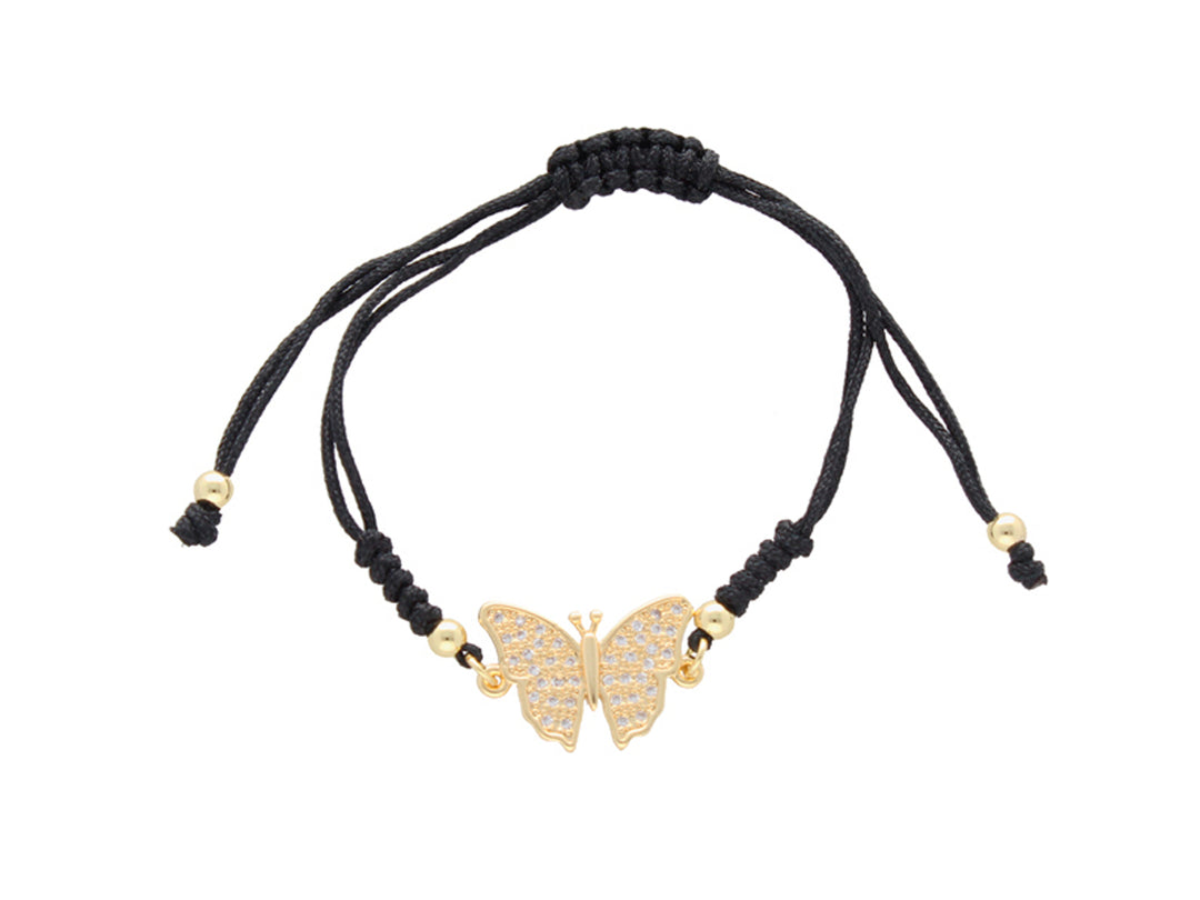 Pulsera de cordón negro ajustable con dije central de mariposa en color oro brillante.