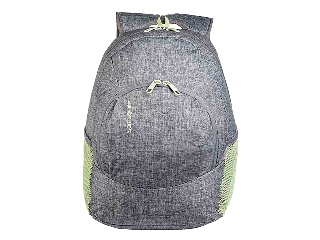 Mochila Samsonite color gris jaspeado con detalles en verde lima y diseño ergonómico.