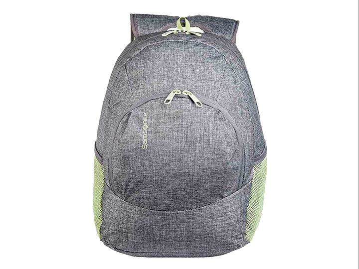 Mochila Samsonite color gris jaspeado con detalles en verde lima y diseño ergonómico.