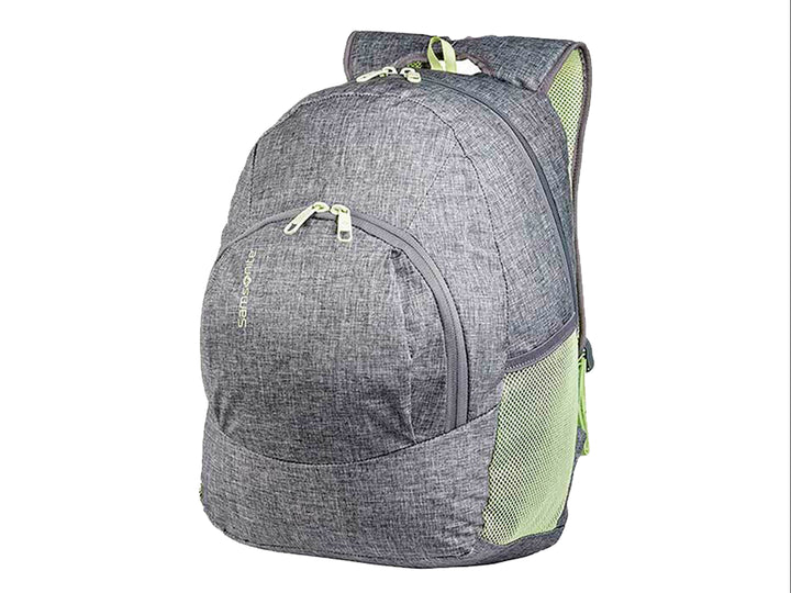 Mochila Samsonite color gris jaspeado con detalles en verde lima y diseño ergonómico.