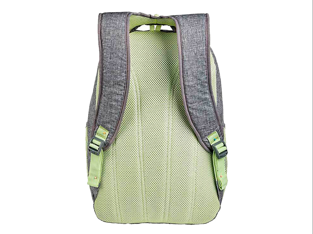 Mochila Samsonite color gris jaspeado con detalles en verde lima y diseño ergonómico.