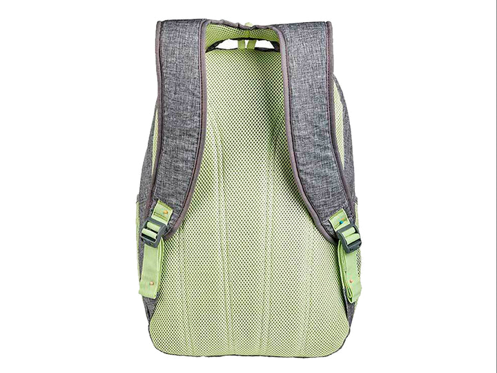 Mochila Samsonite color gris jaspeado con detalles en verde lima y diseño ergonómico.