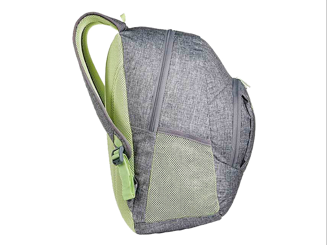 Mochila Samsonite color gris jaspeado con detalles en verde lima y diseño ergonómico.
