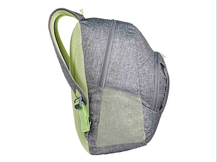 Mochila Samsonite color gris jaspeado con detalles en verde lima y diseño ergonómico.