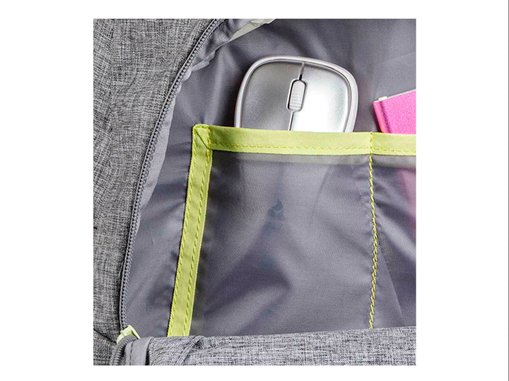 Mochila Samsonite color gris jaspeado con detalles en verde lima y diseño ergonómico.