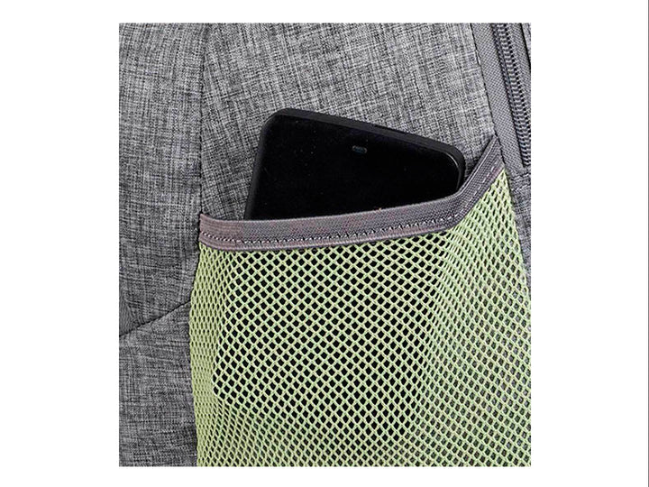 Mochila Samsonite color gris jaspeado con detalles en verde lima y diseño ergonómico.