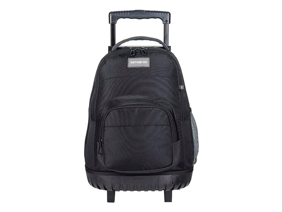 Mochila escolar Samsonite color negro con ruedas y asa extensible para transporte fácil.