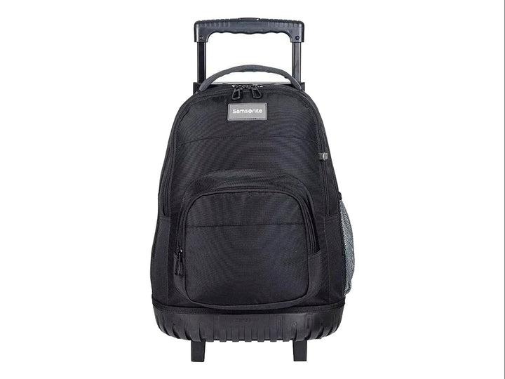 Mochila escolar Samsonite color negro con ruedas y asa extensible para transporte fácil.
