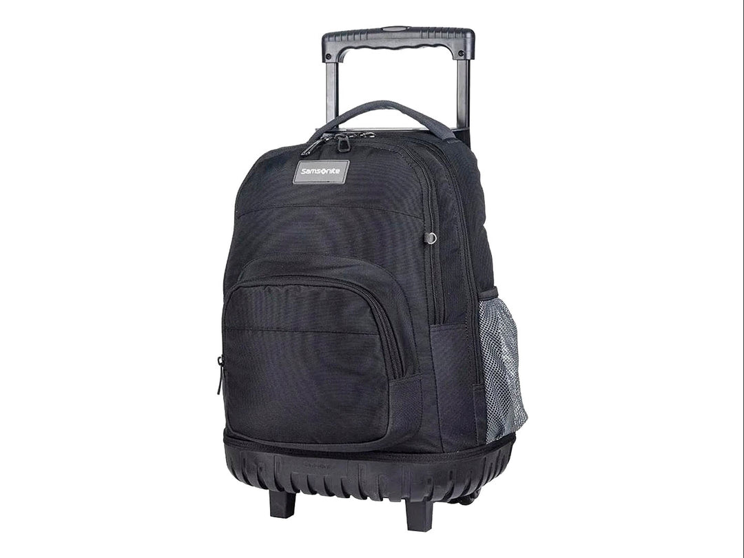 Mochila escolar Samsonite color negro con ruedas y asa extensible para transporte fácil.