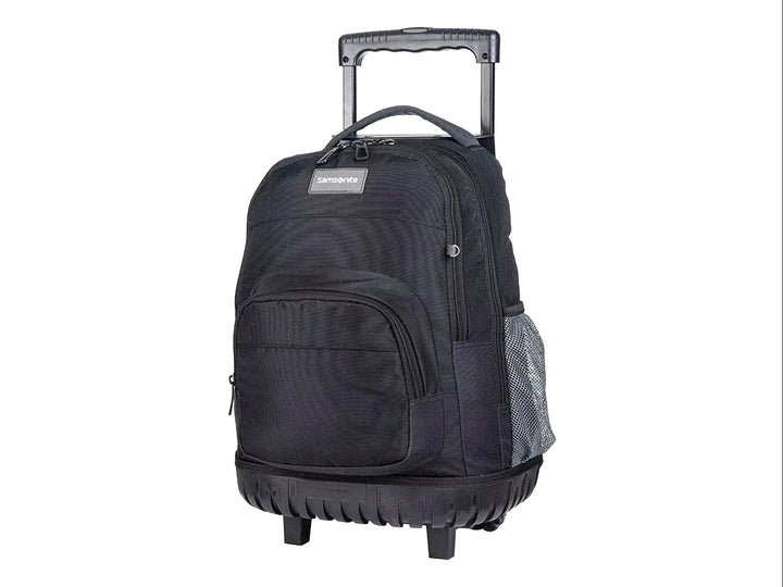 Mochila escolar Samsonite color negro con ruedas y asa extensible para transporte fácil.