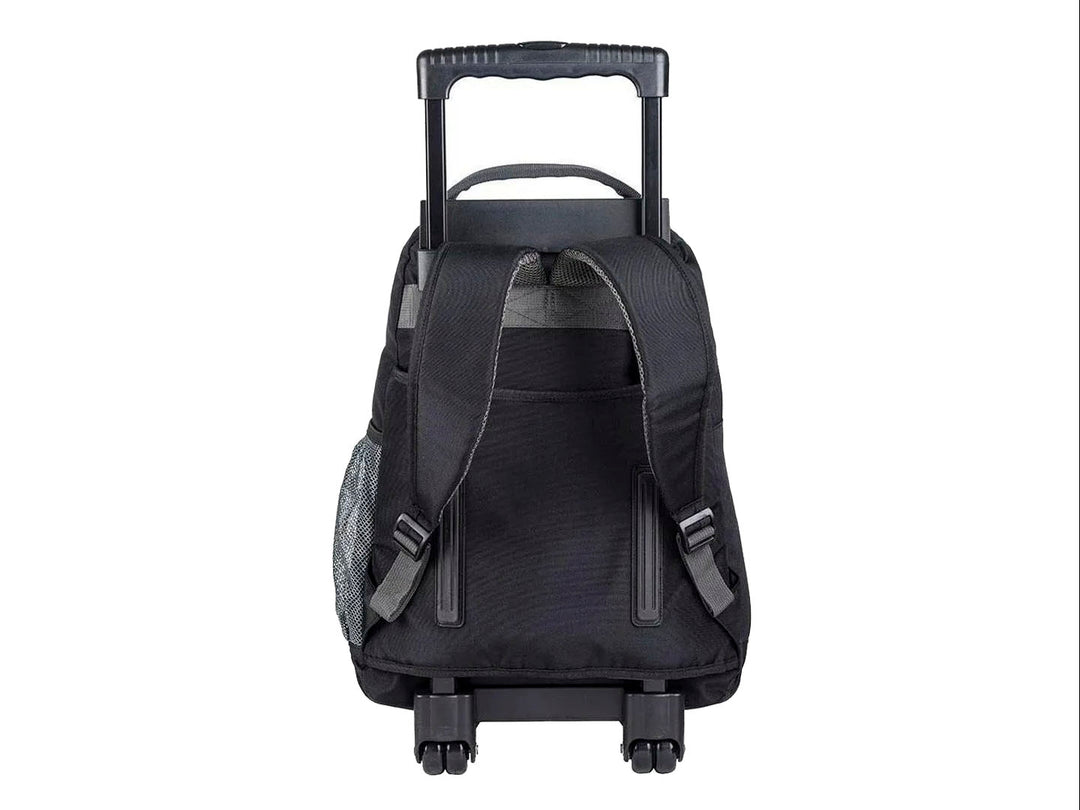 Mochila escolar Samsonite color negro con ruedas y asa extensible para transporte fácil.