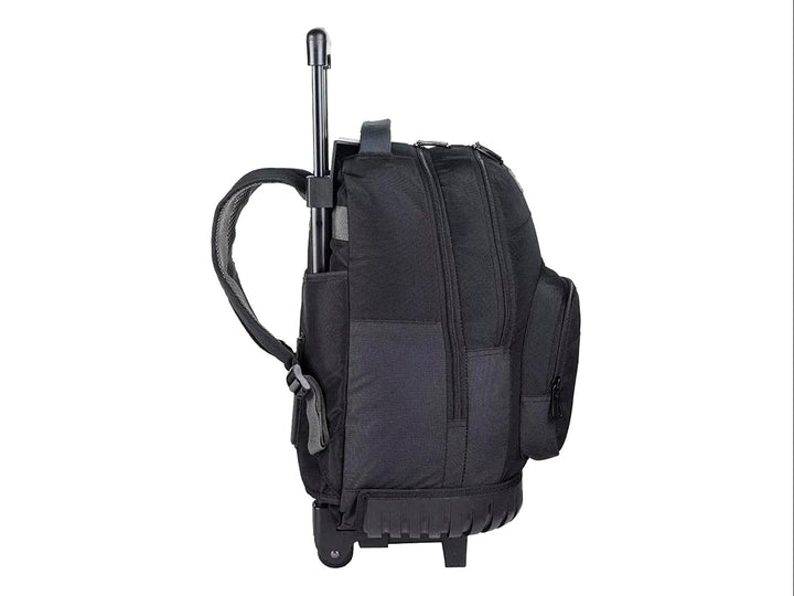 Mochila escolar Samsonite color negro con ruedas y asa extensible para transporte fácil.