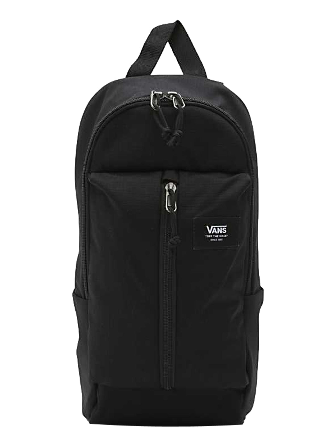 Mochila sling Vans de color negro con material ripstop, cierre frontal y asa superior.