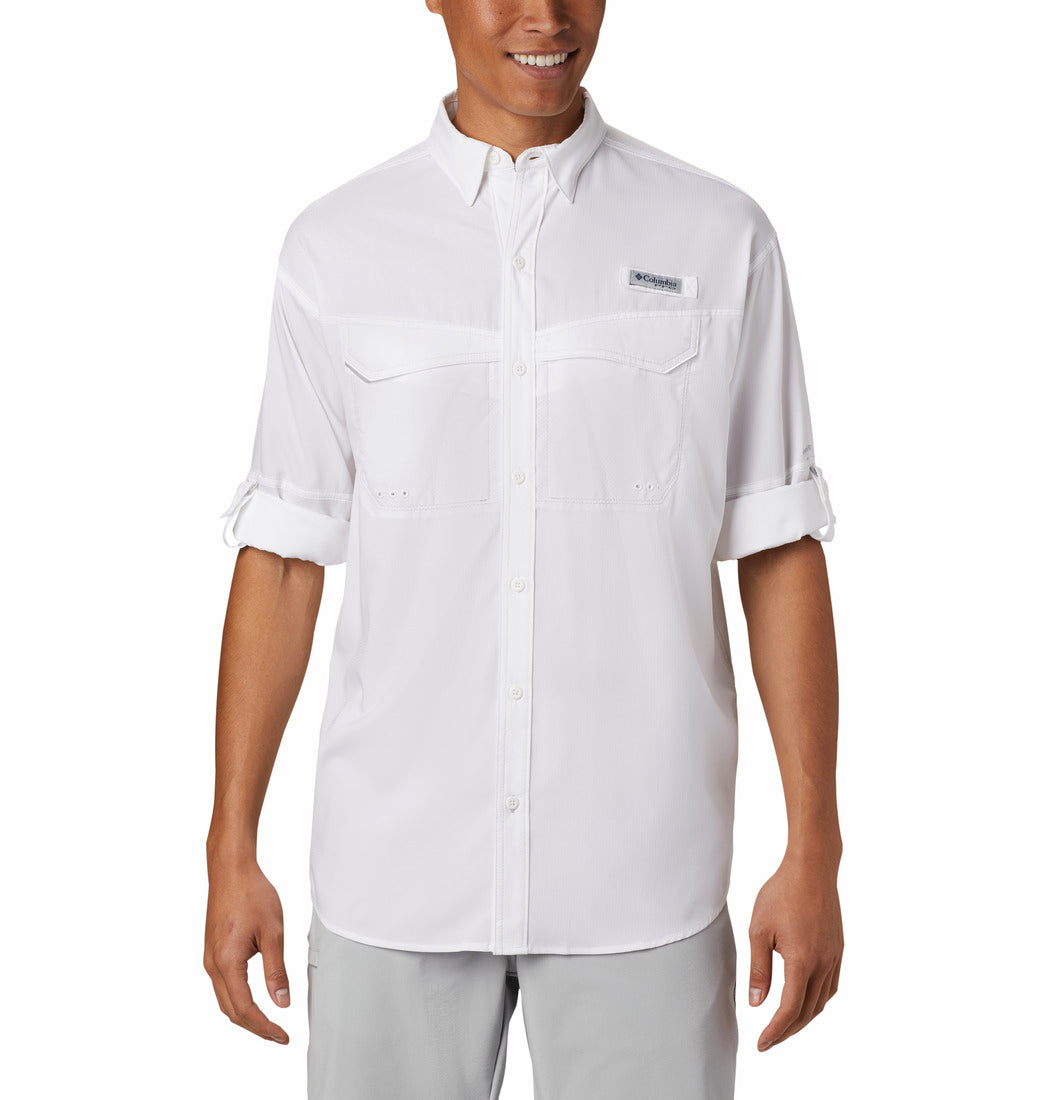 Camisa Columbia Low Drag Offshore color blanco, manga larga con bolsillos en el pecho.