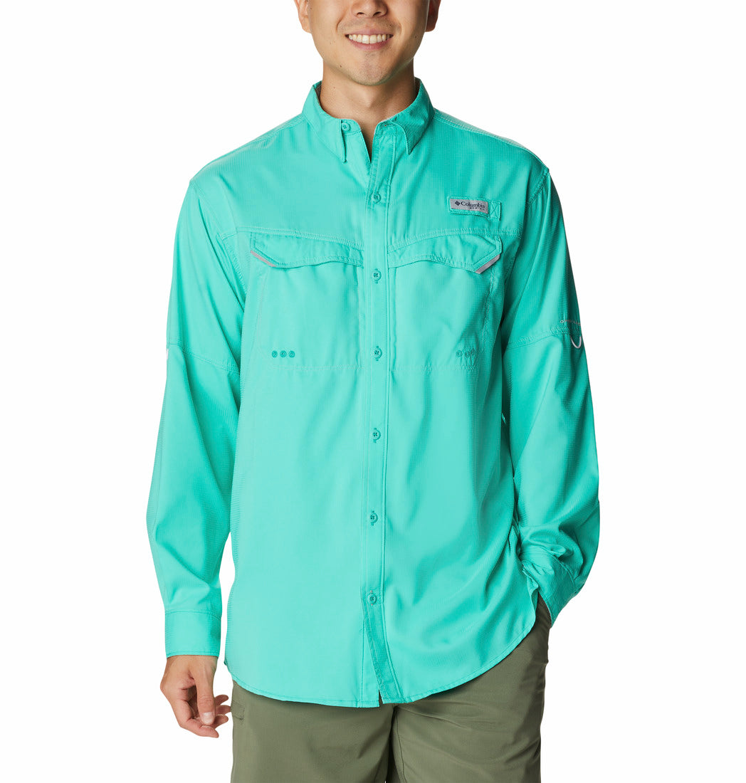 Camisa Columbia Low Drag Offshore de manga larga en color turquesa eléctrico.