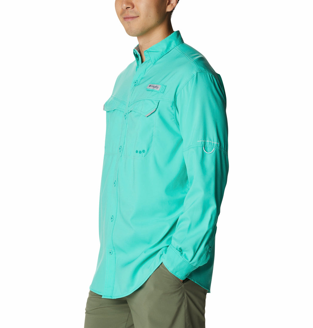 Camisa Columbia Low Drag Offshore de manga larga en color turquesa eléctrico.