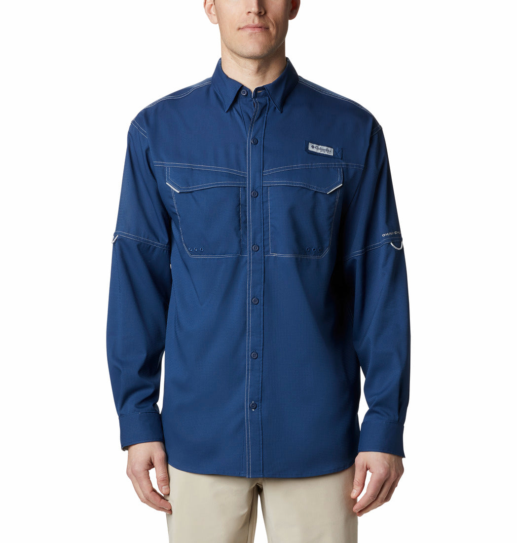 Camisa Columbia Low Drag Offshore azul de manga larga con bolsillos frontales y costuras blancas.
