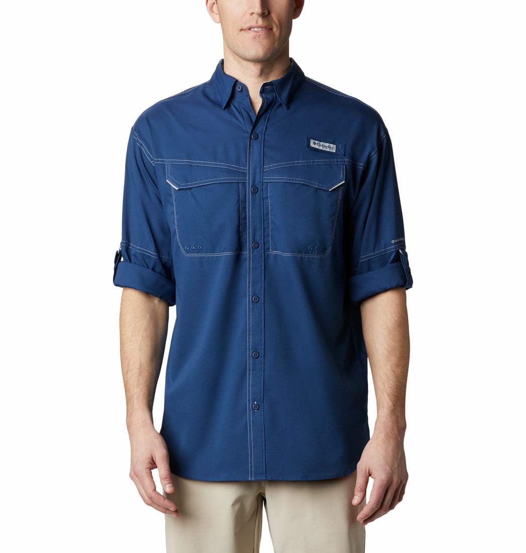 Camisa Columbia Low Drag Offshore azul de manga larga con bolsillos frontales y costuras blancas.