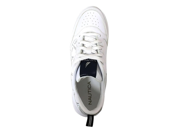 Tenis deportivos Nautica color blanco con detalles en azul marino y plata, vista lateral.