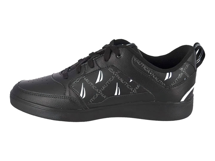 Tenis deportivos color negro de la marca Nautica con detalles en blanco y amarillo.