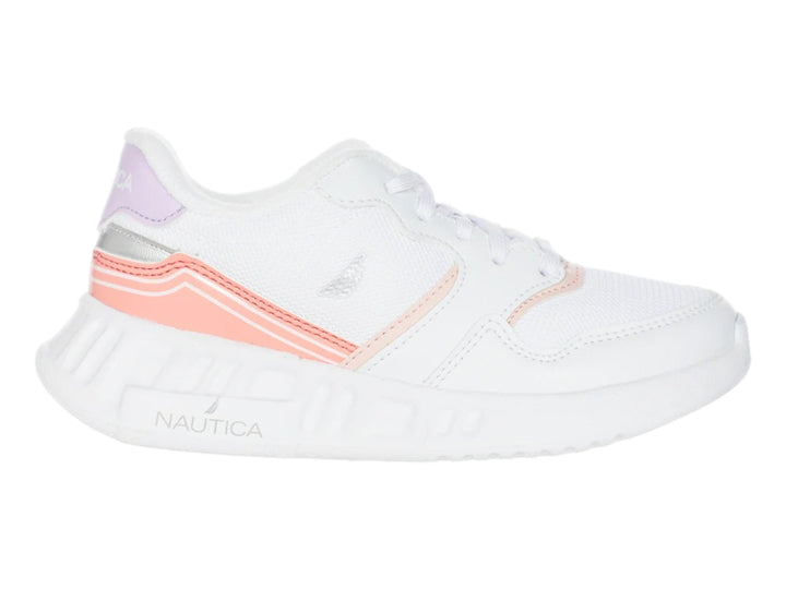 Tenis deportivos blancos Nautica con detalles en color rosa y morado claro.