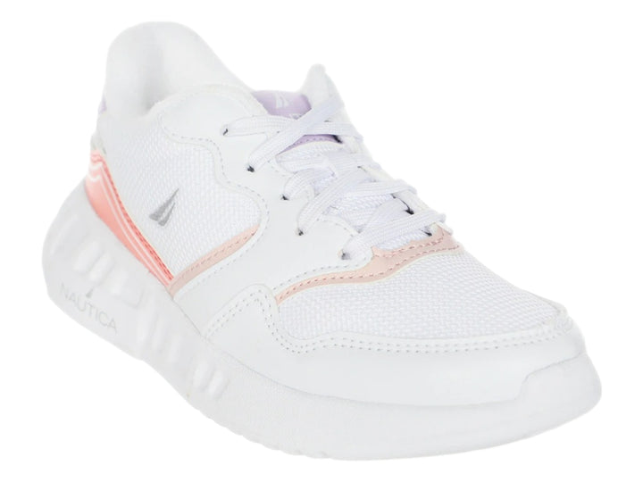 Tenis deportivos blancos Nautica con detalles en color rosa y morado claro.