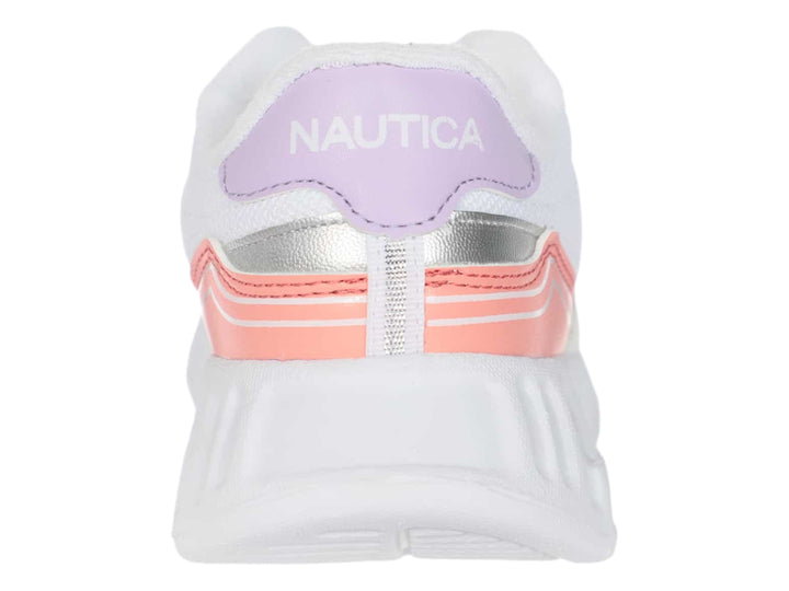 Tenis deportivos blancos Nautica con detalles en color rosa y morado claro.