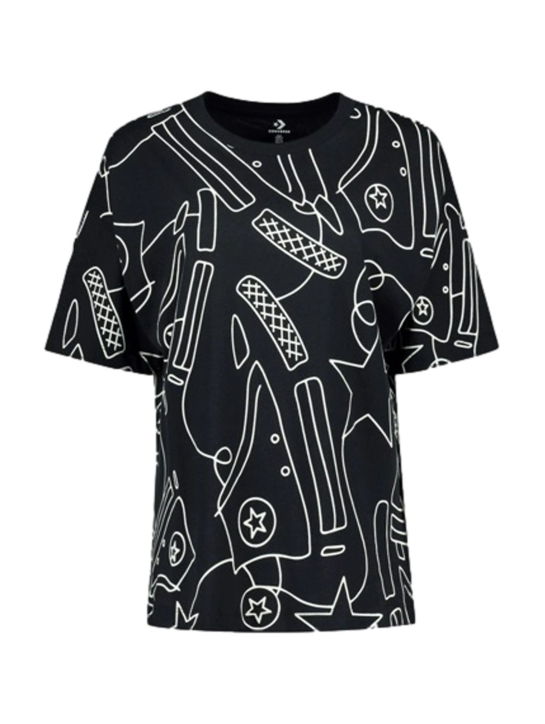 Playera negra de manga corta con estampado lineal blanco de calzado y estrellas.