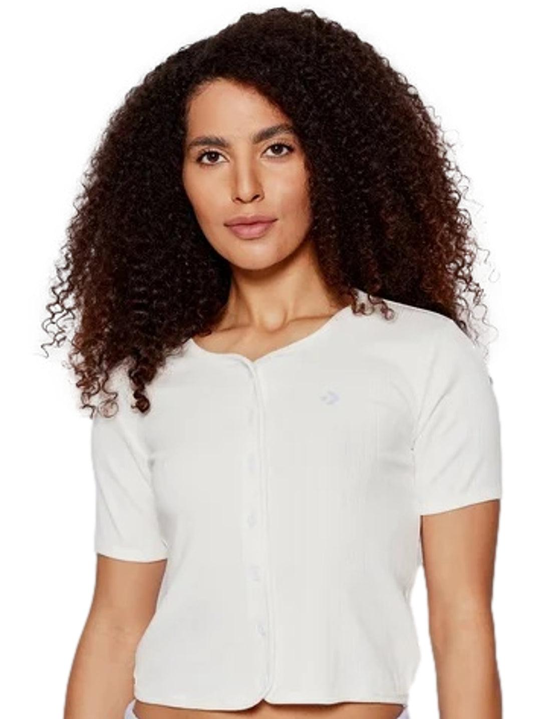 Blusa corta de manga corta color blanco vintage con botones frontales.