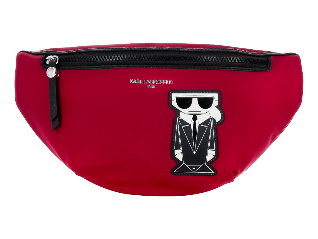 Cangurera roja Karl Lagerfeld con cierre negro y silueta del diseñador en el frente.
