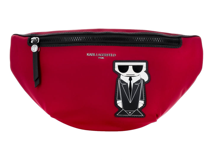 Cangurera roja Karl Lagerfeld con cierre negro y silueta del diseñador en el frente.