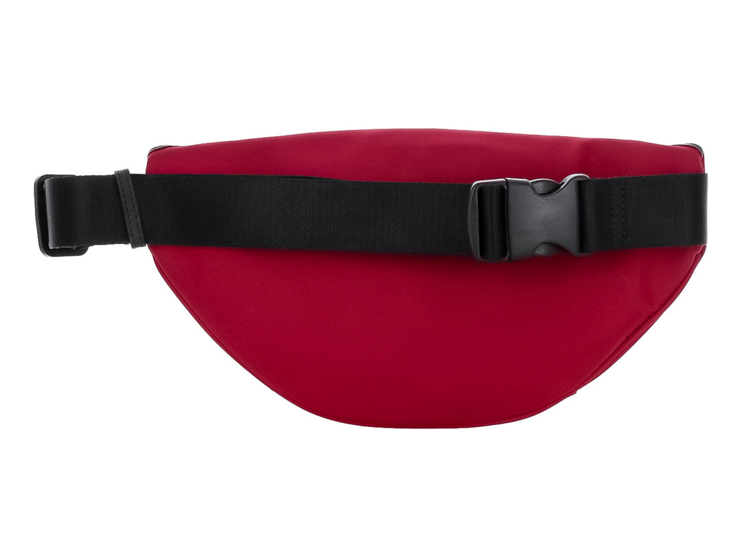 Cangurera roja Karl Lagerfeld con cierre negro y silueta del diseñador en el frente.