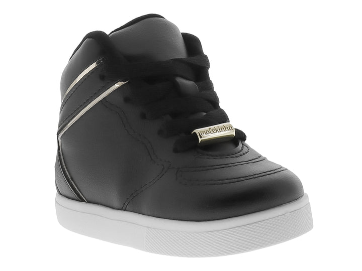 Tenis negros de bota para Niña con suela blanca y detalles dorados.